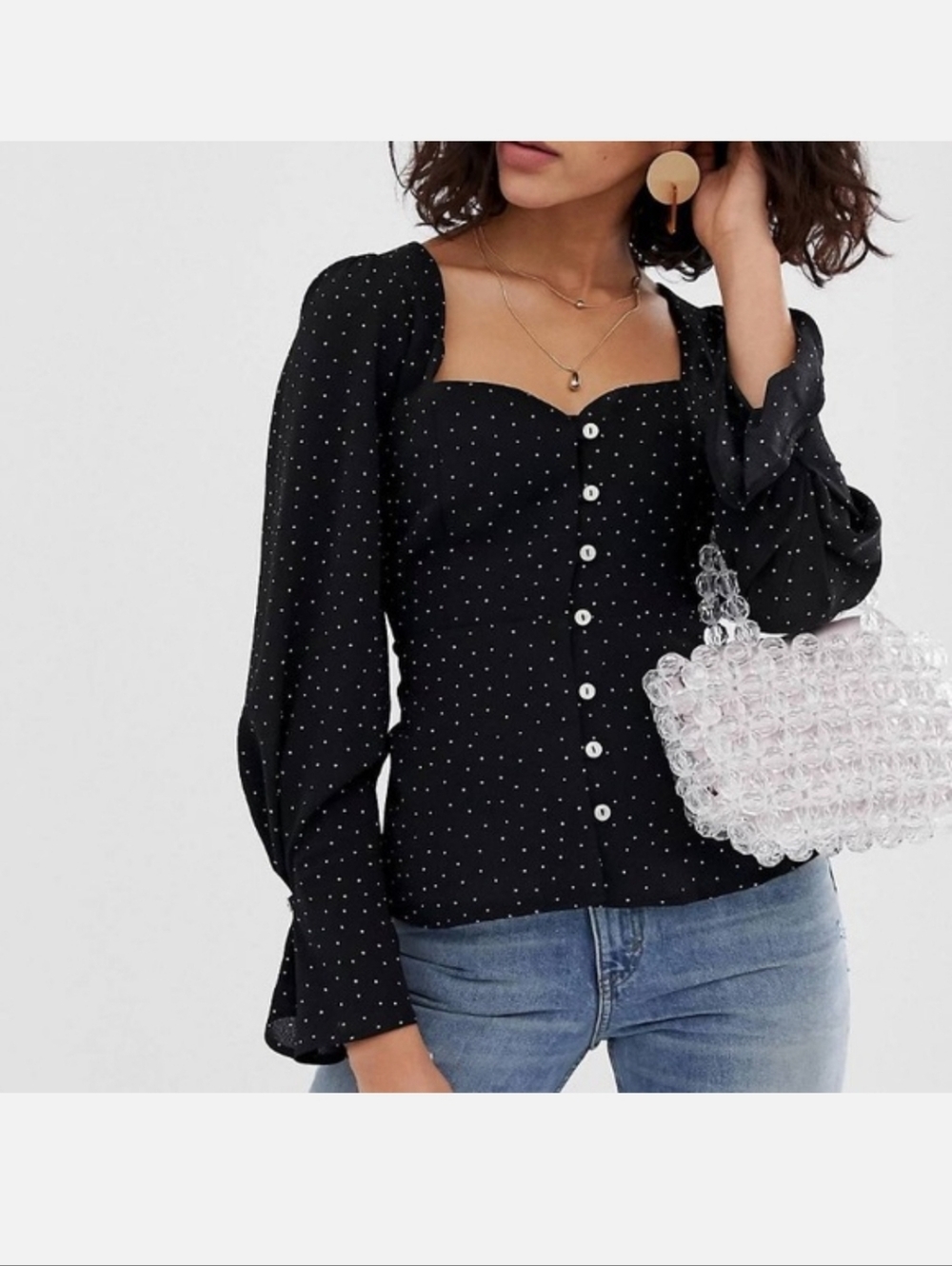Women’s Asos Black Polka Dot Button-Front Sweetheart Blouse Size 6